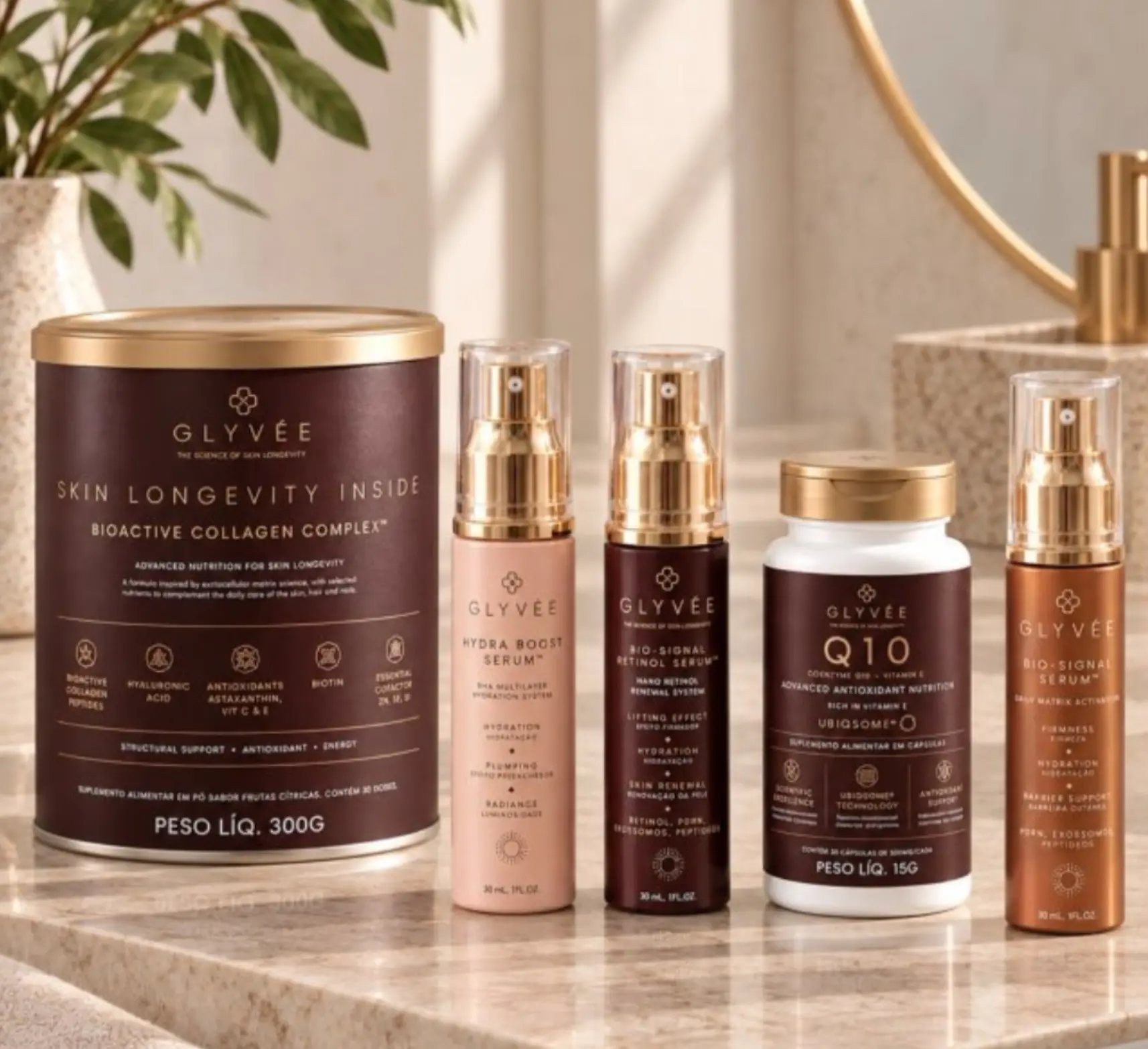 Protocolo completo Glyvée com Hydra Boost, Bio-Signal, Bio-Signal Retinol, Skin Longevity Inside e Q10